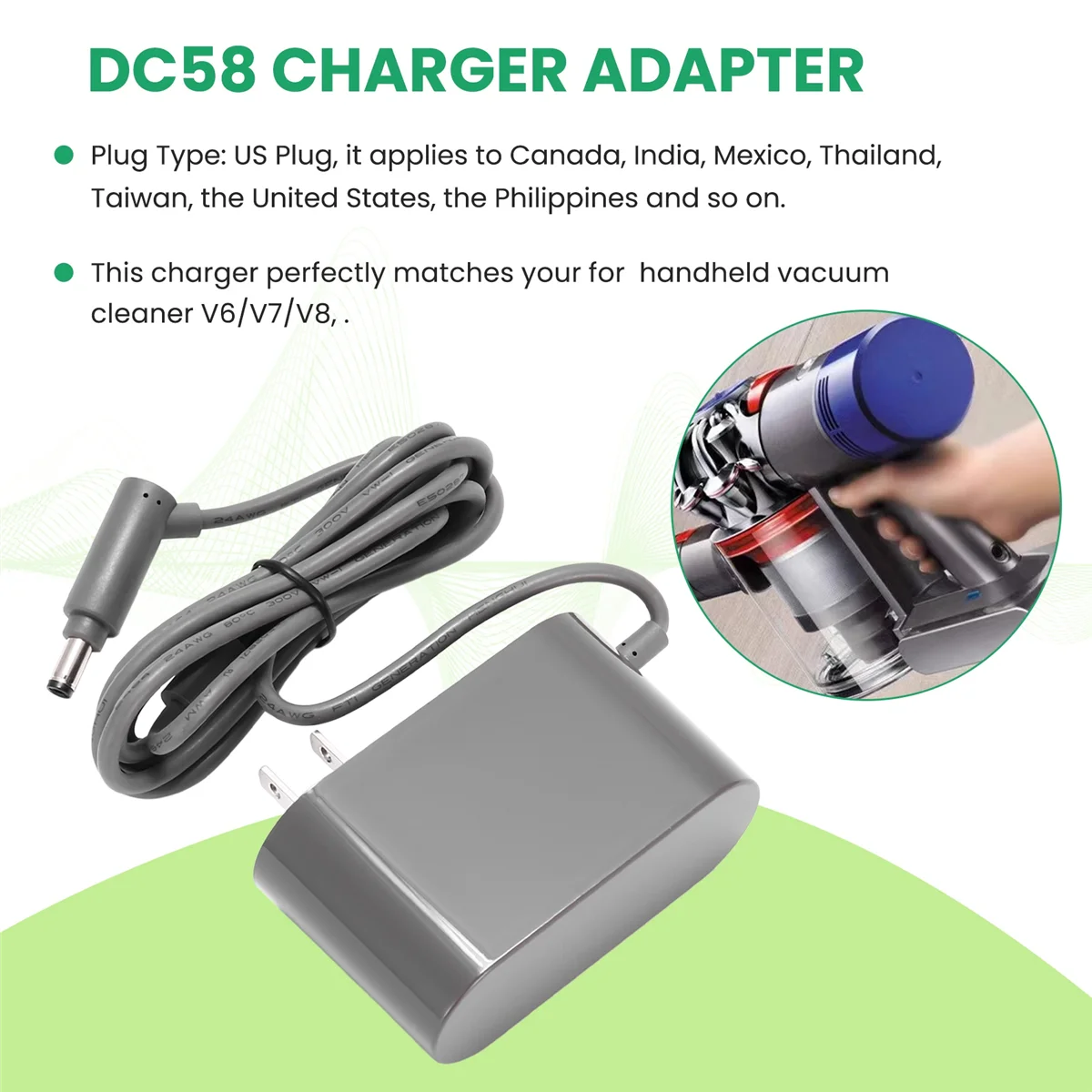 

Адаптер зарядного устройства для пылесоса Dyson V8 V7 V6 DC58 DC59 DC61 DC62 DC74 Адаптер питания Зарядное устройство Us Plug жасмин