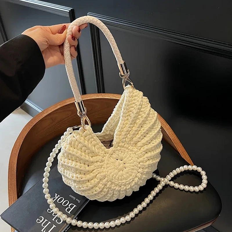 

Banquet Handbag Conch Shaped Crochet Women Shoulde Bags Pearls Chains Handmade Weave Crossbody Bag Small Handbags Evening