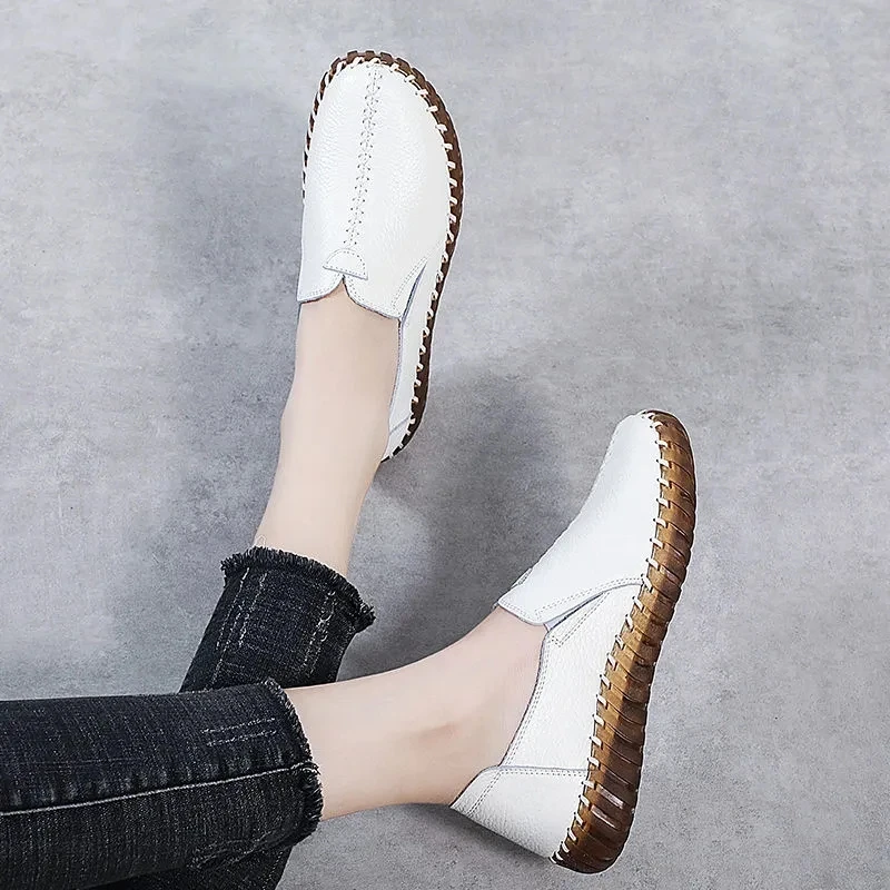 Soft Bottom Mother\'s Loafers 2022 Spring/Autumn Flat Casual Shoes Non Slip Women\'s White Flats  Moccasins Geunine Leather