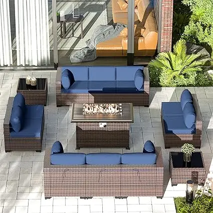 13 Piece Large Outdoor Furniture Set 10 Seater Wicker Patio Furniture Set All Weather Deck Wicker Conversation Set with 43" Fire