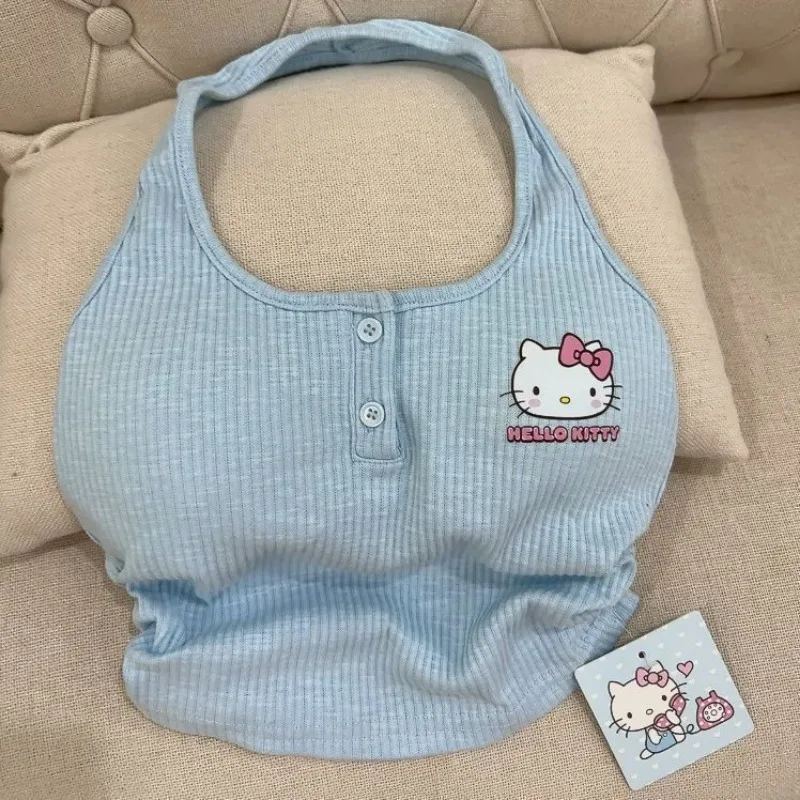 Sanurgente Hello Kitty Precious Top Y2k pour femme, court, serré, sangle de cou, dessin animé, filles mignonnes, haut en fibre précieuse, cadeaux, été