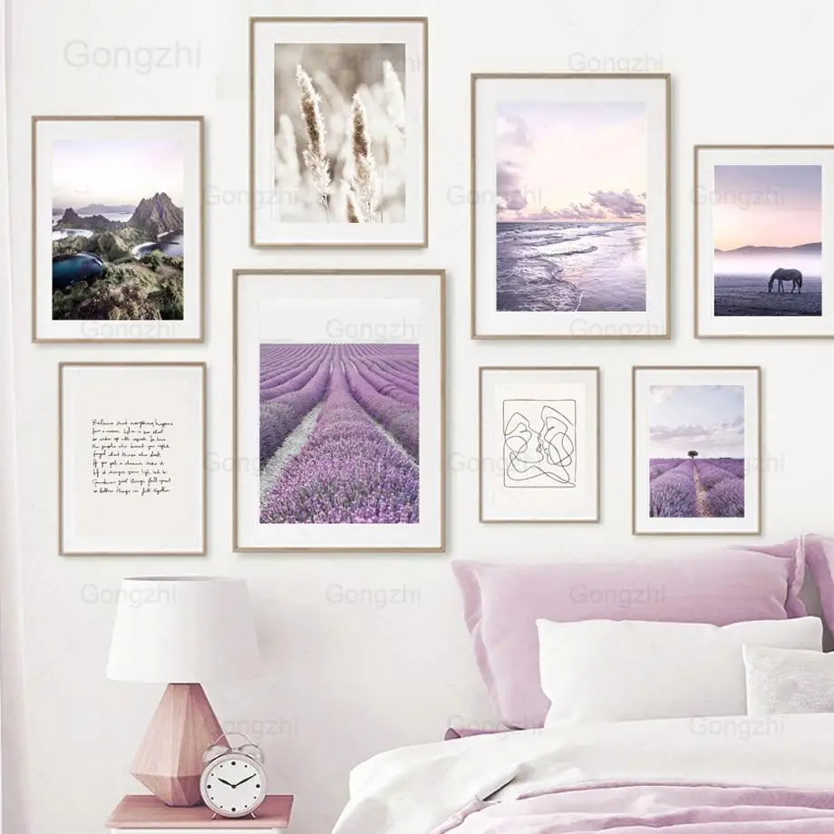 

Scandinavian Nature Landscape Canvas Painting Purple Lavender Beach Sunset Wall Art Poster Nordic Modern Picture for Home Decor