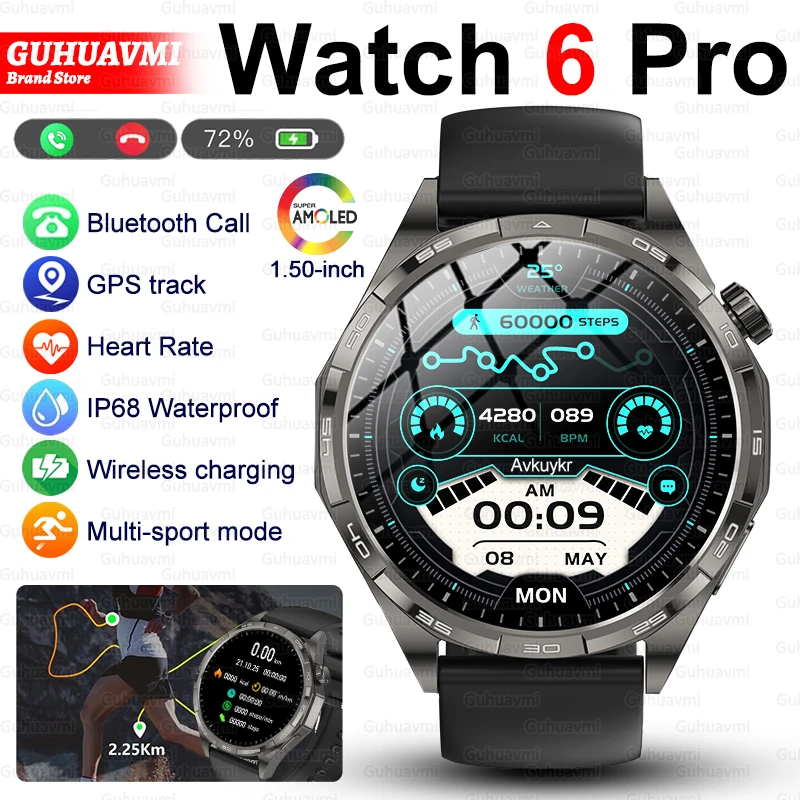 

GUHUAVMI Watch 6 Pro Bluetooth Call Smartwatch 1.50'' AMOLED GPS motion trajectory Heart Rate Outdoor Sports Smart Watch 300mAh