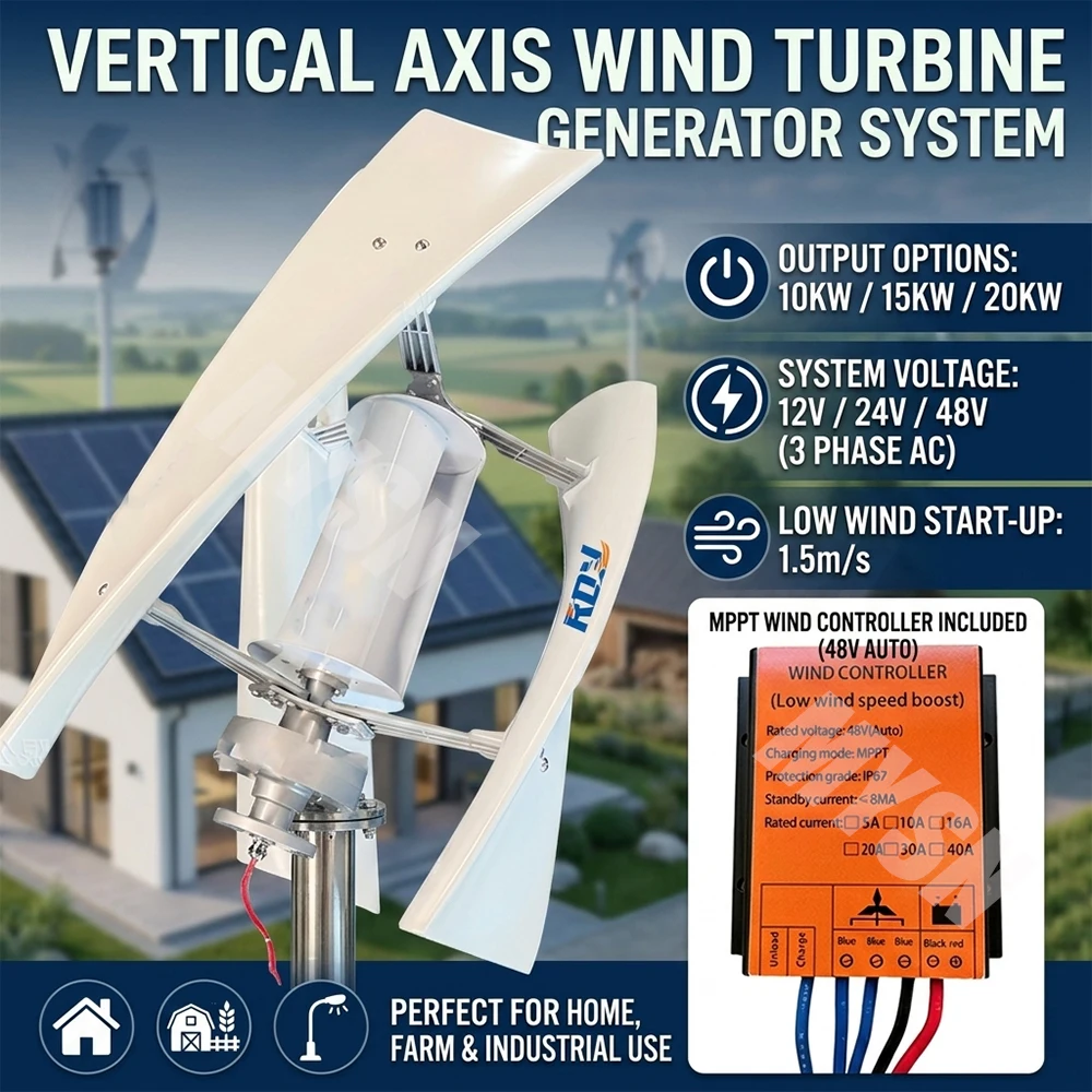 Free Energy 15000W 12V 24V 48V 3 Blades Wind Power Turbine Generator with Mppt Charge Controller Vertical Axis for Farm Home Use