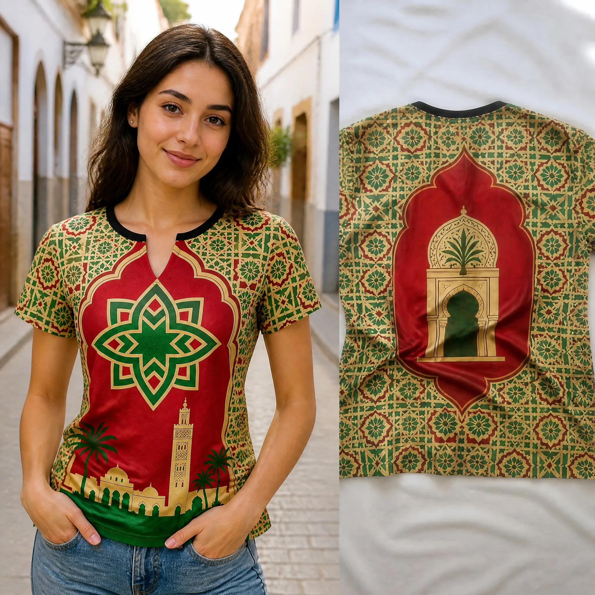 Womens V Neck Short Sleeve Morocco T Shirt Red Green Mosaic Crest Palace Print Casual Summer Graphic Tee Daily Wear Travel Style