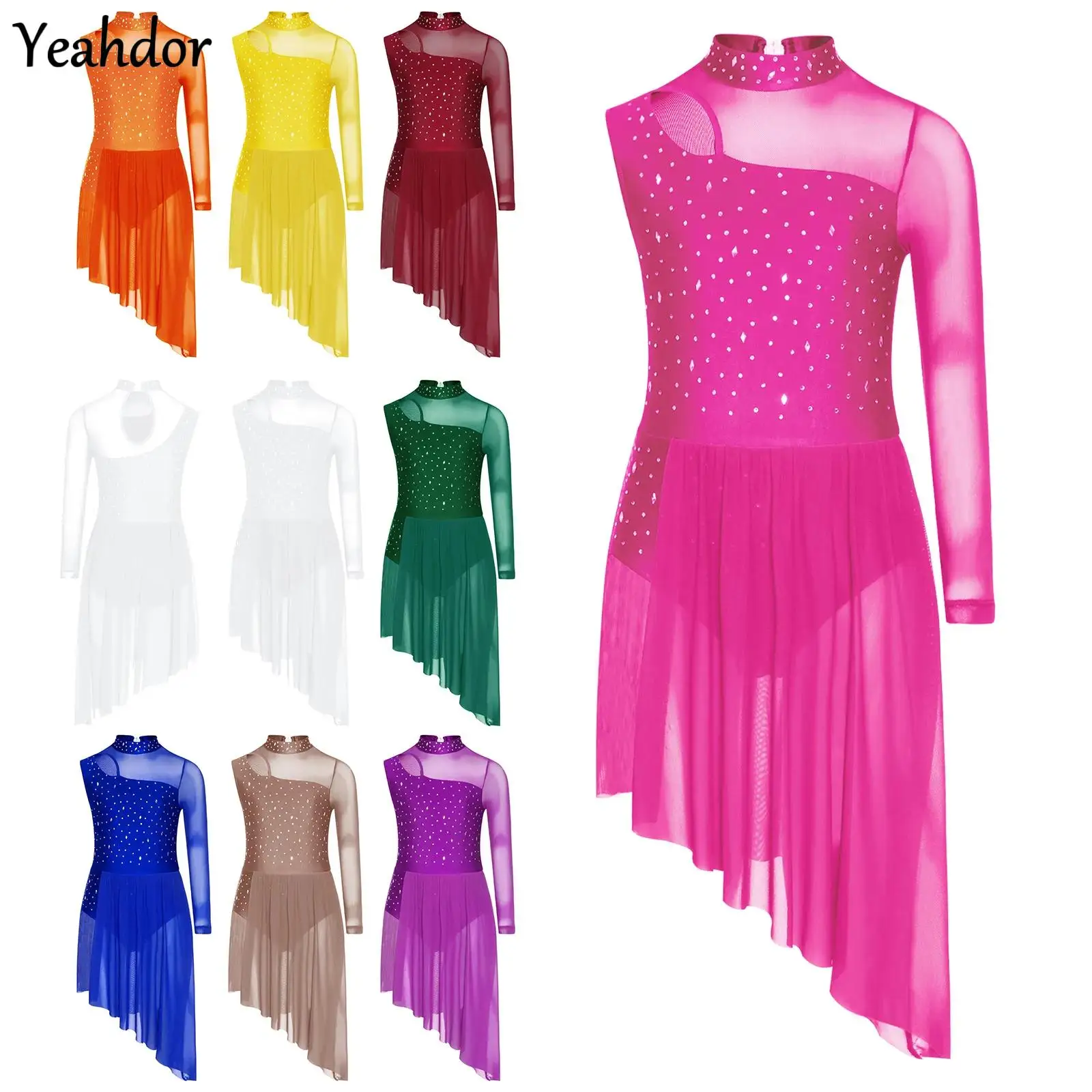 

Girls Lyrical Dance Dress Asymmetrical Side Split Sheer Mesh Rhinestones Gymnastics Ballet Skating Contemporary Dance Costumes