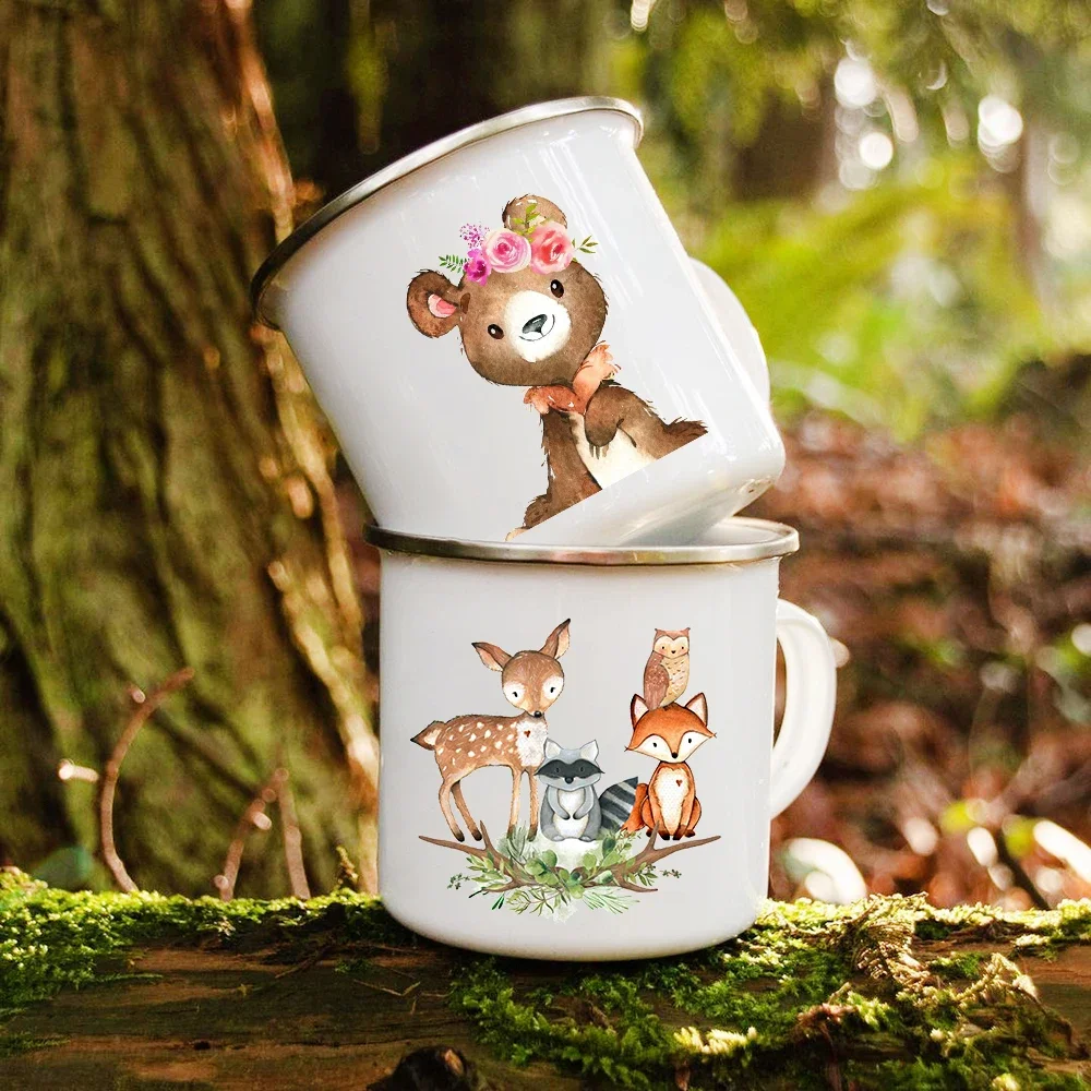 Cute Cartoon Animal Deer Raccoon Owl Print Mugs Creative Enamel Coffee Mugs Children Kids Breakfast Milk Dessert Cups Child Gift