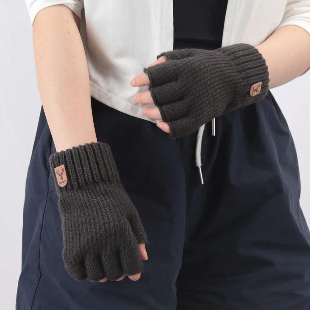 1Pair Winter Short Half Finger Fingerless Knit Wrist Gloves Warm Stretch Work Gloves for Women and Men Cycling Accessories