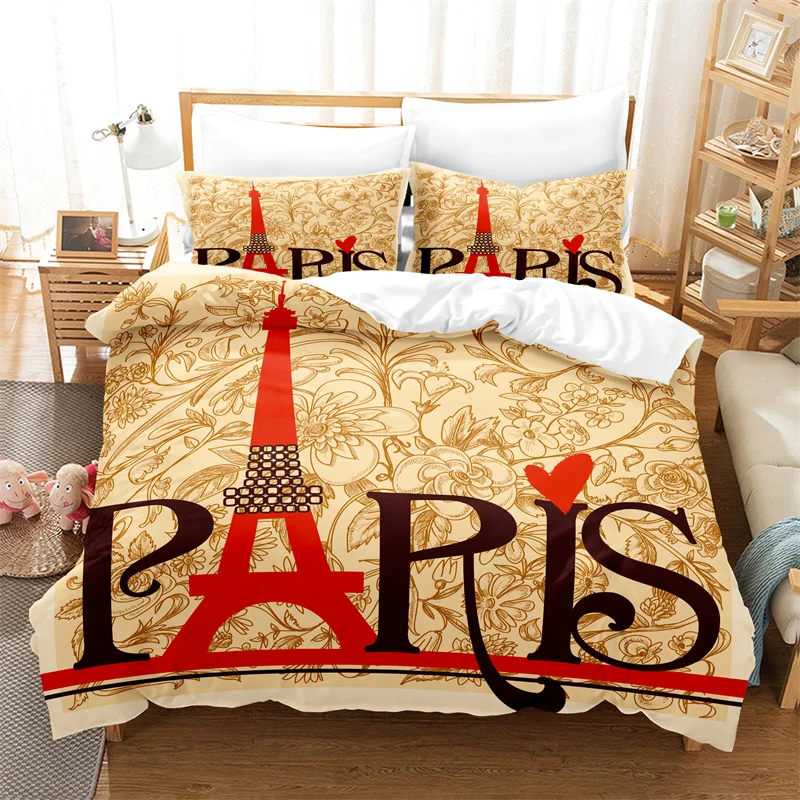 

Retro Khaki Eiffel Tower Duvet Cover Set Girl Quilt Cover Fashion Gorgeous Children's Comforter Set Couple Bedding Sets Bed Set