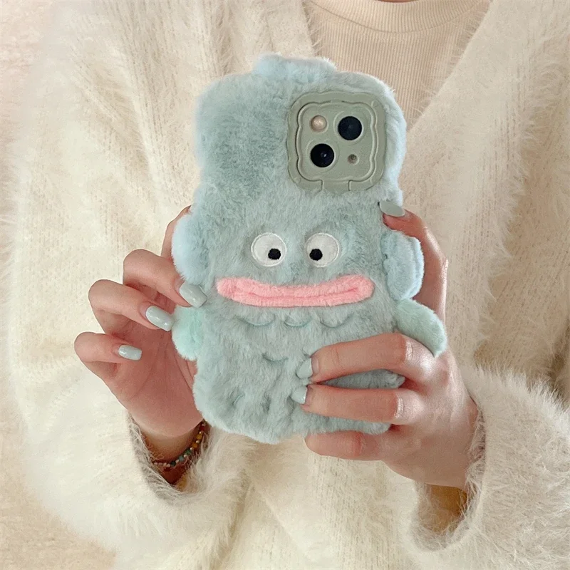 Plush Fur Phone Case For iPhone 16 15 14 13 Pro Max 14 Plus 15 Plus 3D Cute Ugly fish Fluffy Soft Warm Stand Protect Back Cover