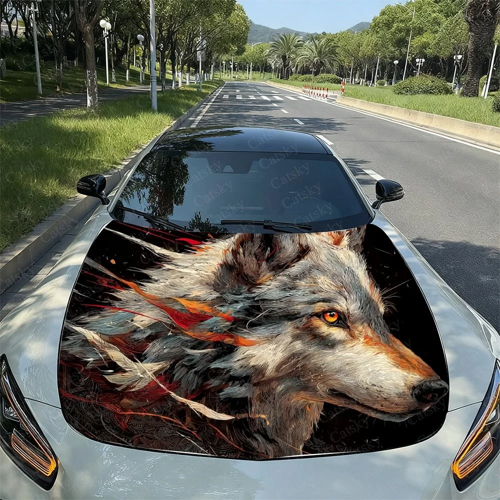 Ethnic Style Wolf Car Hood Sticker PVC Self Waterproof Stick,Striking Auto Exterior Accessories Decor Protect Gift for Car Lover