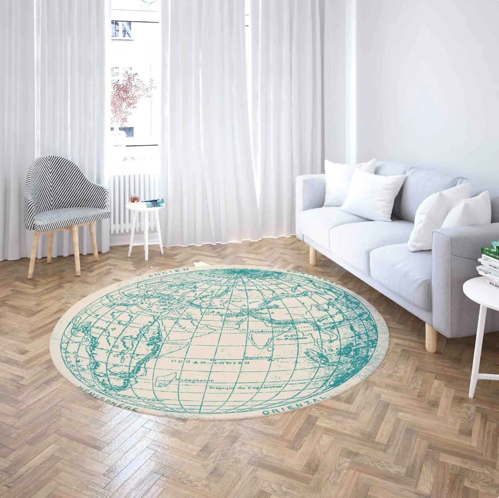 Runder Weltkarte-Themenbereichsteppich, Tier-Kompassmatte, rutschfest, weich, pädagogisch, stilvoll, für Wohnzimmer, Schlafzimmer, Kinderzimmer, Heimdekoration