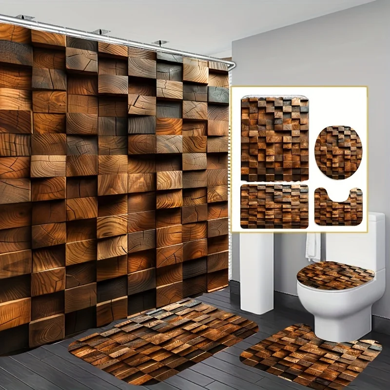 Wooden Block Wall Print Bathroom Set: Includes 12 Free Hooks, Waterproof Shower Curtain, Non-Slip Bath Mat, Toilet Seat Cover, A