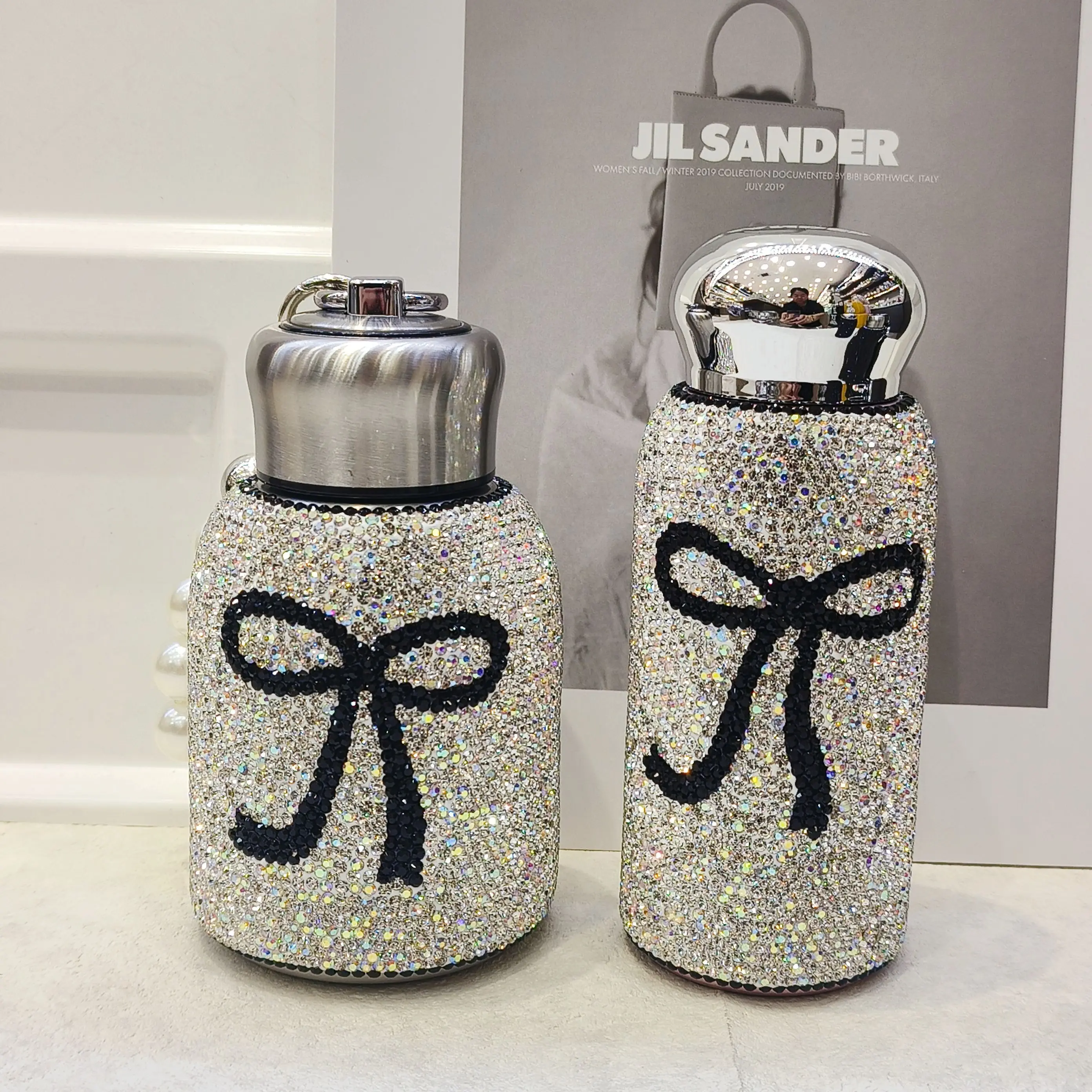 

Flash Diamond Bow Insulation Cup Stainless Steel Thermoses with Rhinestone Portable Water Bottle Drinking Vacuum Flasks