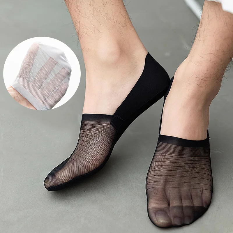 Meias de malha invisível de silicone antiderrapante para homens, meias finas de nylon, chinelos curtos masculinos respiráveis, chinelos casuais, verão