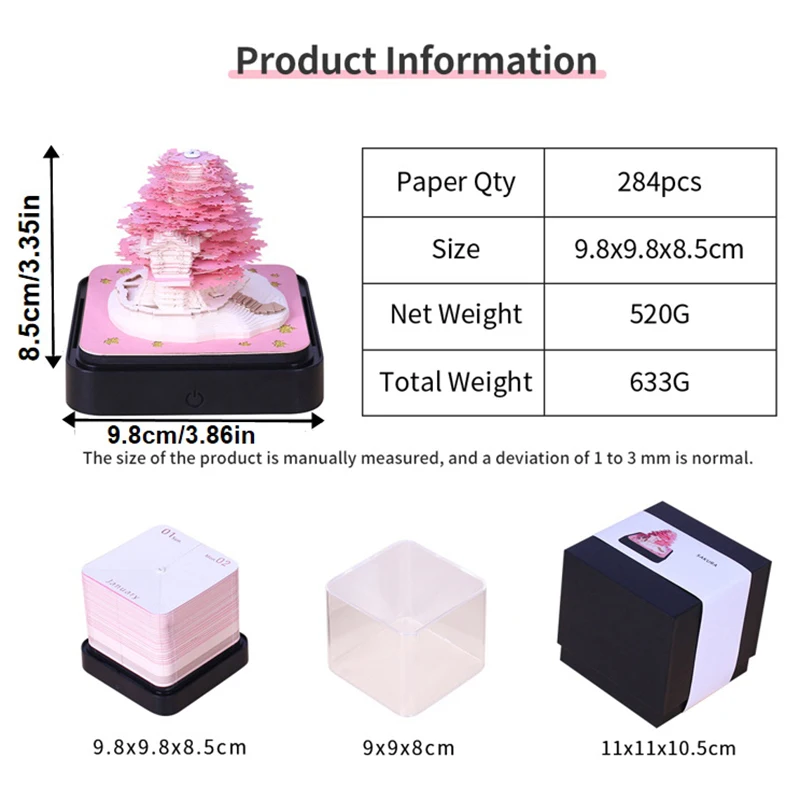 Time Piece Calendar 2026 Desk Calendar With LED Light 3D Tear-away Calendar Paper Carving Art Memo Pad Notepad Gift Christmas