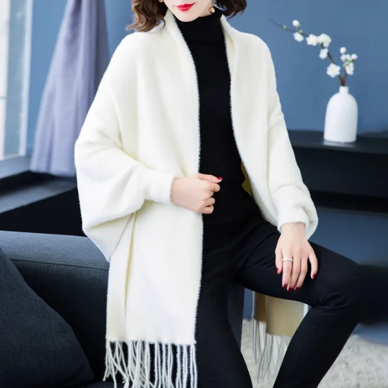 Autumn  Winter Sweater Coat Knitted Loose Bat Shirt Mink Fleece Sweater Women Versatile Cape Cape Scarf SA138