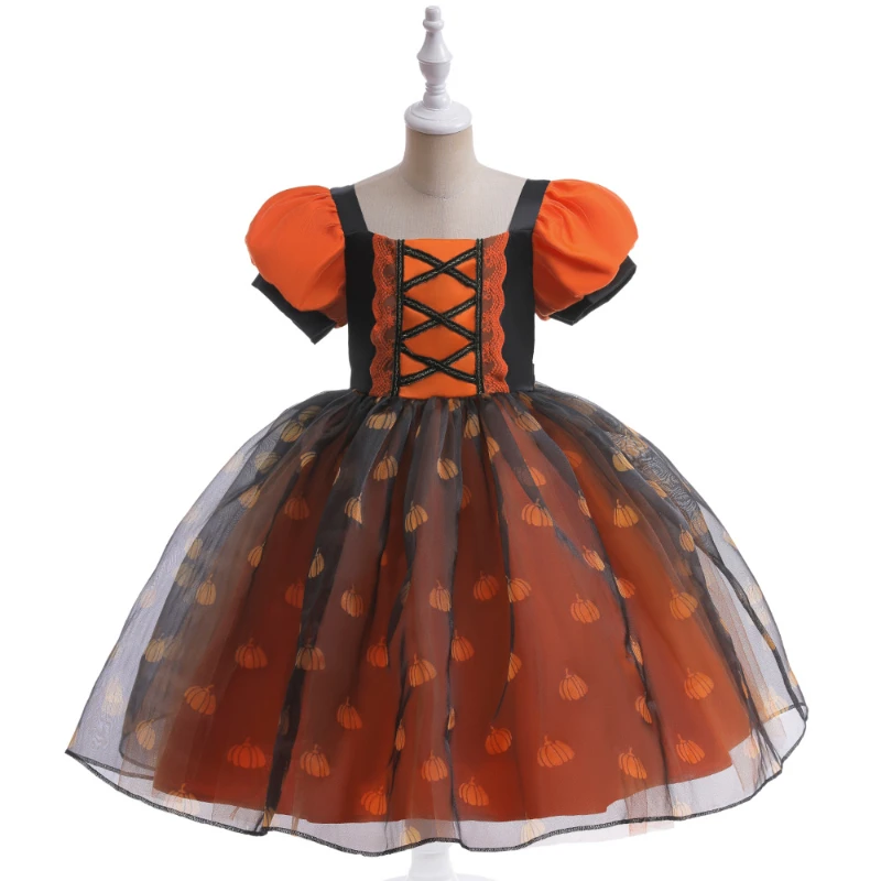 Cosplay Witch Princess Dress Up para meninas, manga bolha, malha de abóbora, traje de Halloween, festa de carnaval, conjunto assustador para crianças