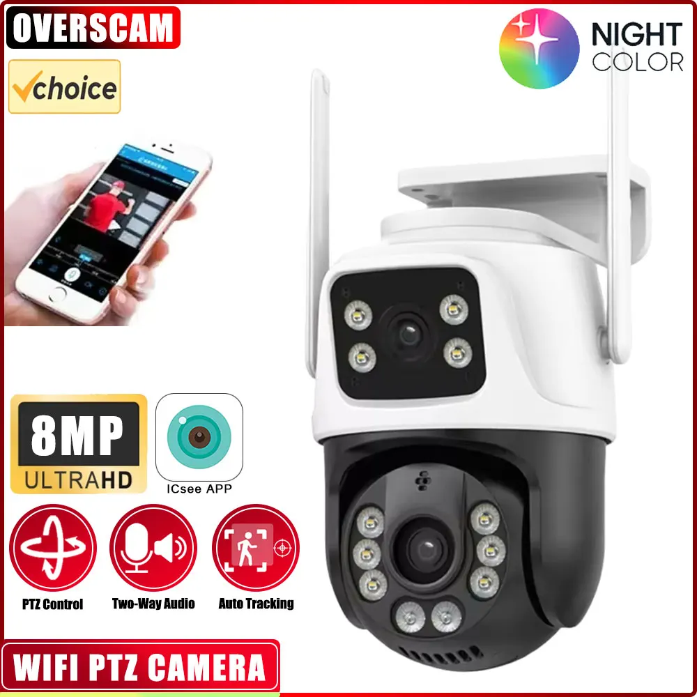 

4K 8MP Color Night Wifi PTZ Camera Dual Lens Dual Screen Auto Tracking IP Camera CCTV Two-Way Audio Video Surveillance P2P iCSee