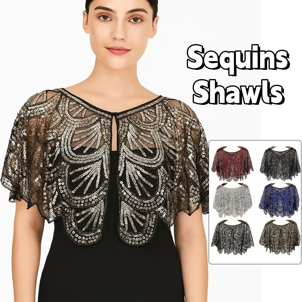 Fashion Ruffle Sequins Poncho Coat Blingbling 1920s Theme Sequins Shawls Multicolor Mesh Short Cape Girl