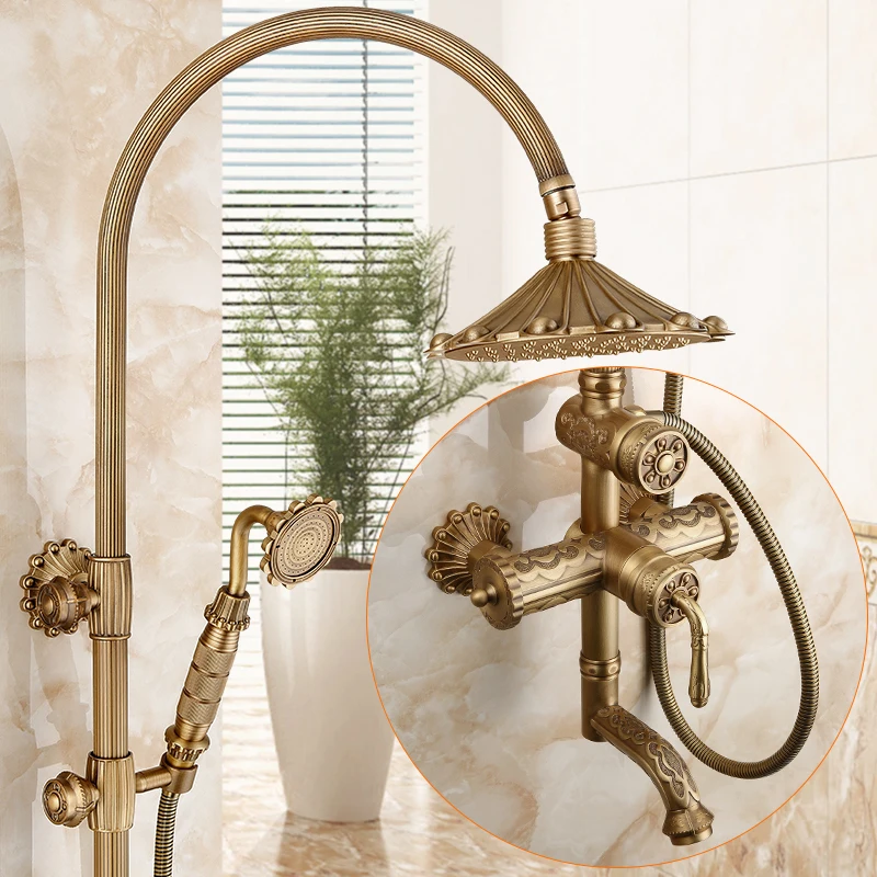 Antique Style Shower Set for Bathroom Retro Patterned Shower Luxury Faucet Set Rainfall with Spray Head