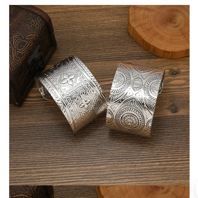 Chinese Retro Ethnic Style Miao Silver Wide Edition Bracelet Women's Bohemian Arm Bracelet
