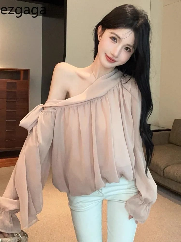 

Ezgaga Blouse Women Sexy Diagonal Collar Off Shoulder Long Sleeve Loose Bow Bud Sweet Elegant Autumn Fashion Shirts Ladies Tops
