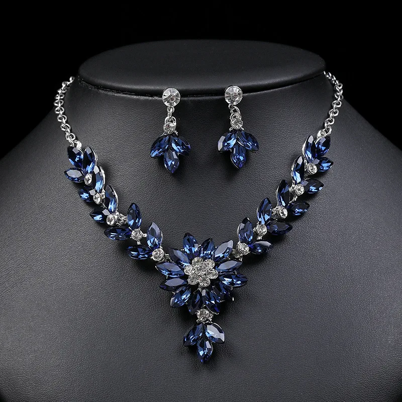 Exquisite Rhinestone Flower necklace and earrings Sets For Women Multicolor Wedding Party  Jewelry Accessories