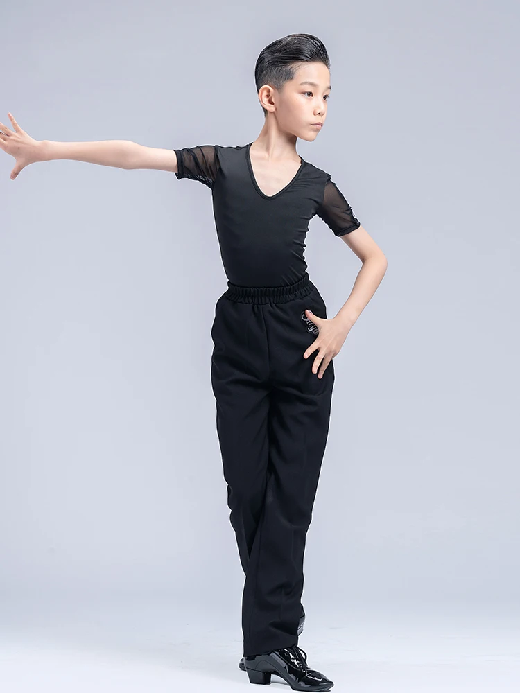 Boys Latin Dance Costume V Neck Mesh Short Sleeves Tops Black Pants Training Outfits Ballroom Dance Competition Clothes DNV17955