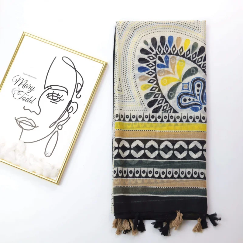 

Черный шелковый шарф с принтом в этническом стиле, плотный шелковый длинный шарф с кисточками Бали, весенне-летний шарф, шарф