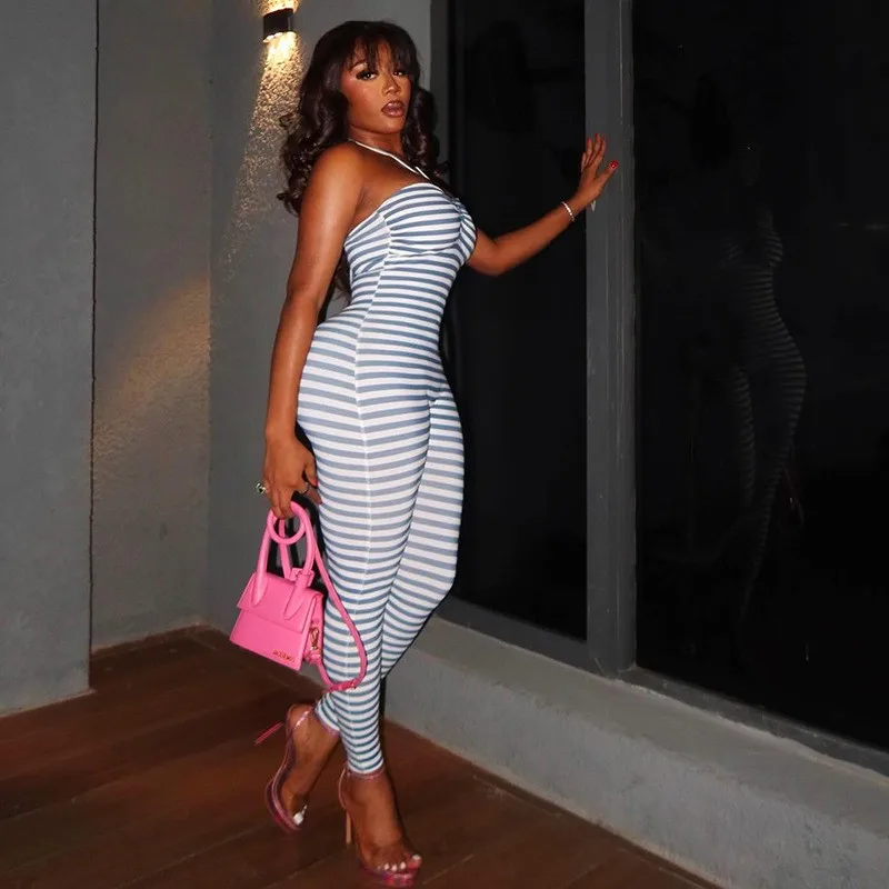 

Summer Women's Clothing Striped Halter Neck Sexy Backless Jumpsuit For Woman Milk Silk Medium Weight Streetwear Bodysuit