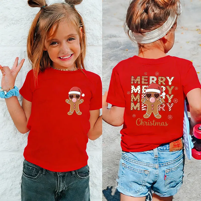 Toddler Girls Christmas T-shirt Gingerbread Merry Christmas Print Kids Short Sleeve Tee Shirts Cute Cartoon Xmas Casual Tops