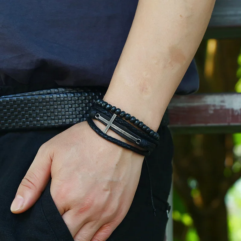Retro Cross Layer Bracelet For Men Punk Black Hand Woven Cowhide Leather Adjustable Bead Bracelet Accessories Christian Jewelry