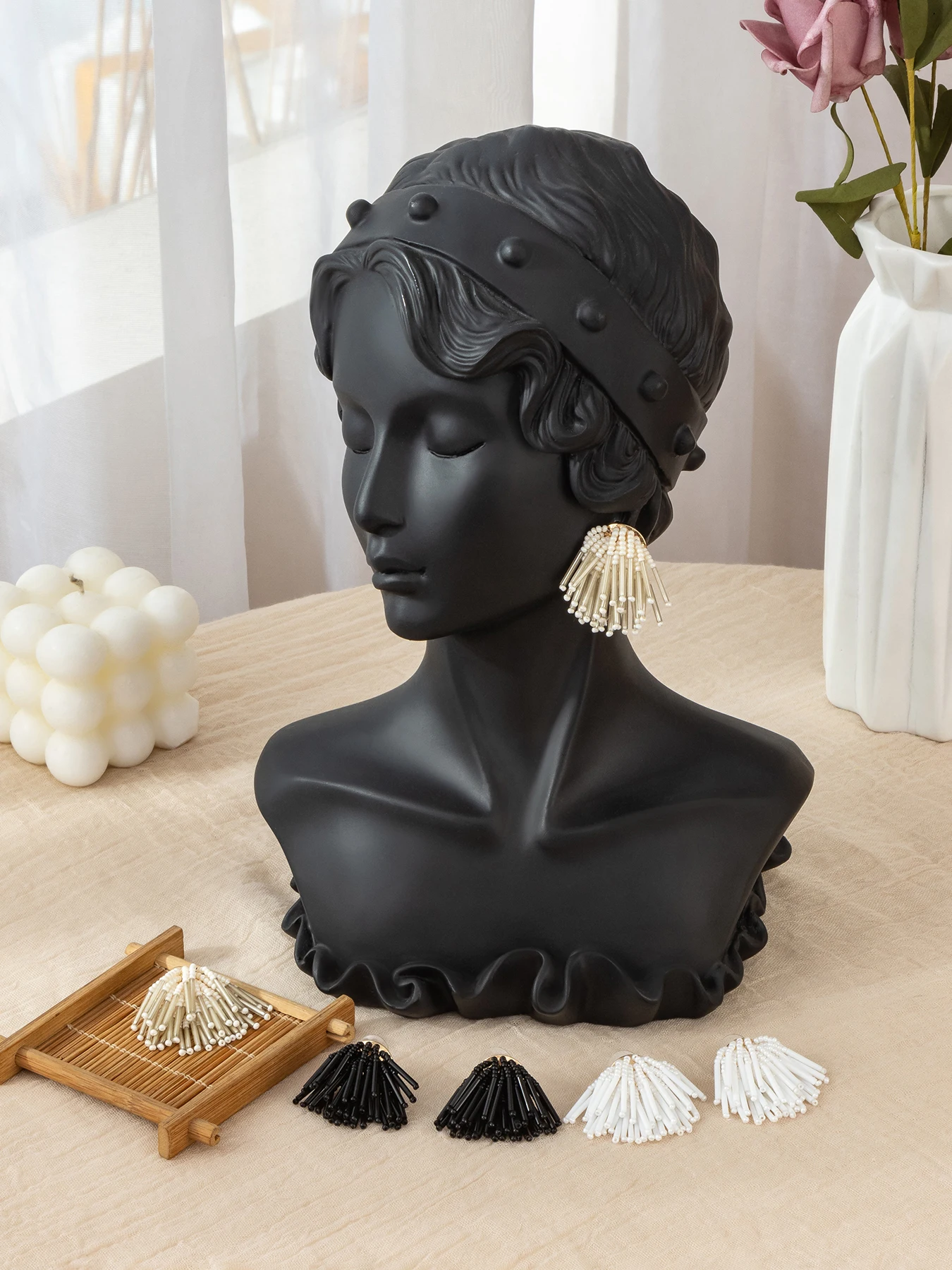 手作りレトロクリスタルビーズフラワーイヤリング-5色カラーアクリル樹脂金メッキパールメインストーンパーティー