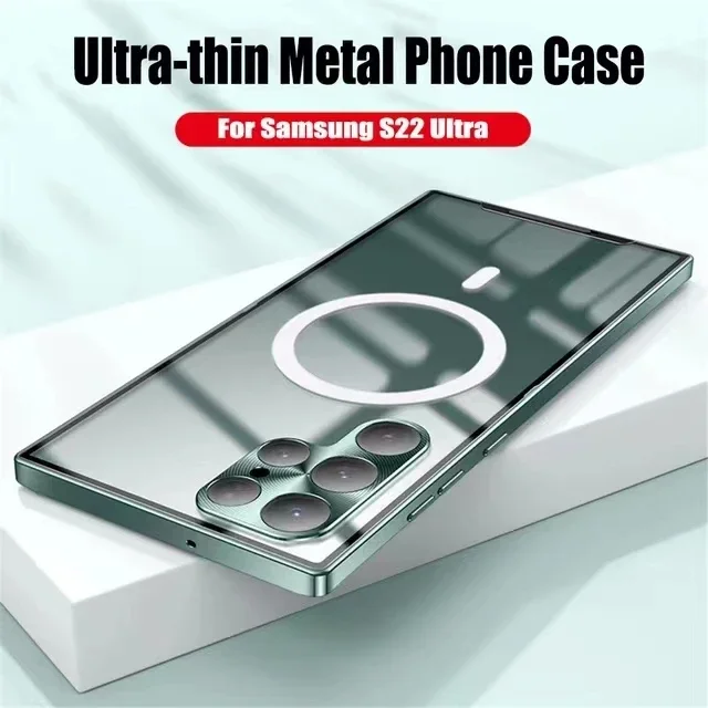 Metal Magnetic Wireless Charging Phone Case for Samsung Galaxy S22 S21 Ultra Plus Bumper Aluminum Camera Lens Transparent Cover