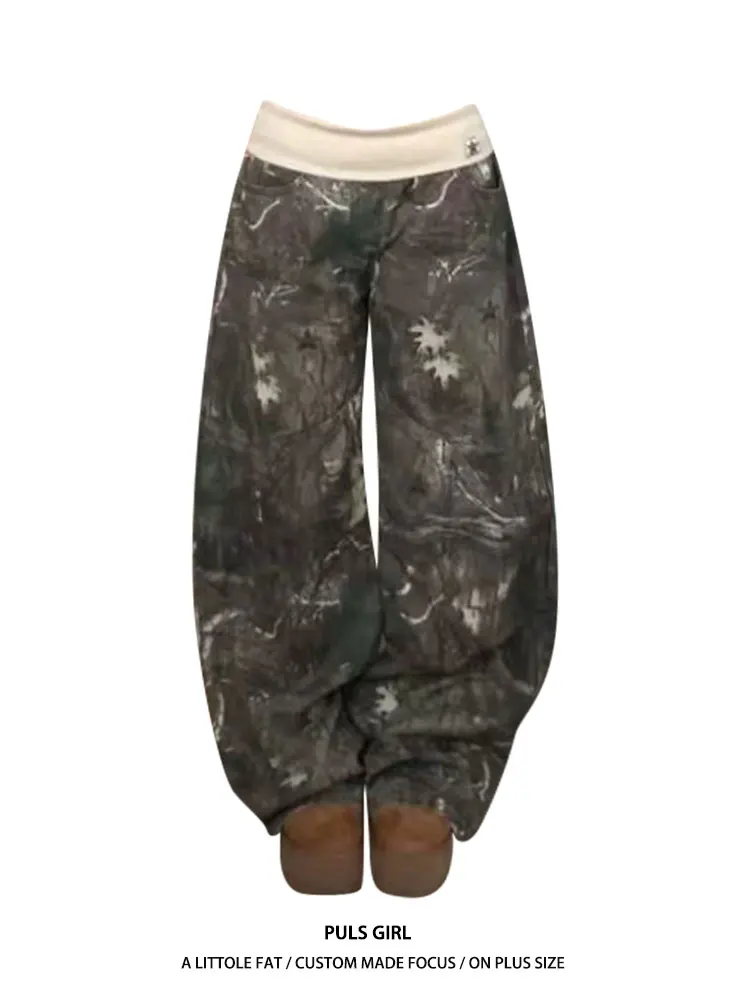 

plus Size American Retro Washed Camouflage Waistband Splicing Women's Jeans High Waist Loose Fit Casual Spring 2026