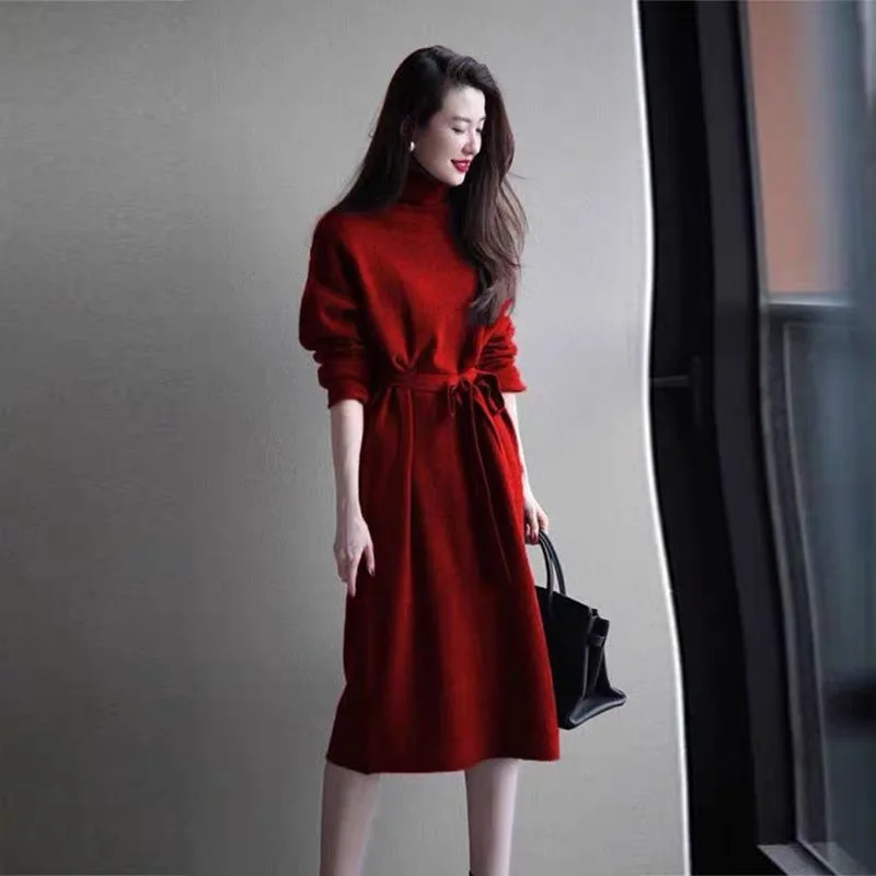 Purple Turtleneck Knit Bottoming Dress Women's Spring And Autumn Coat New Temperament Knee-Length Sweater Long Skirt