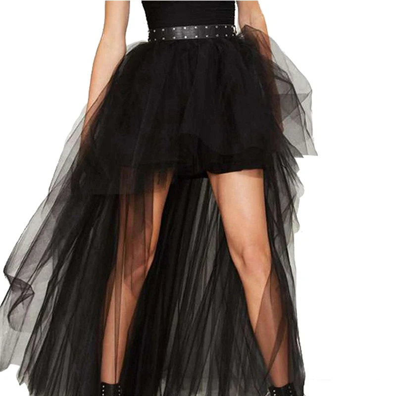 

Black Steampunk Gothic Punk Tulle Zipper Skirt Women Vintage Asymmetrical Long Ball Gown Mesh Shows Dance Party Skirts