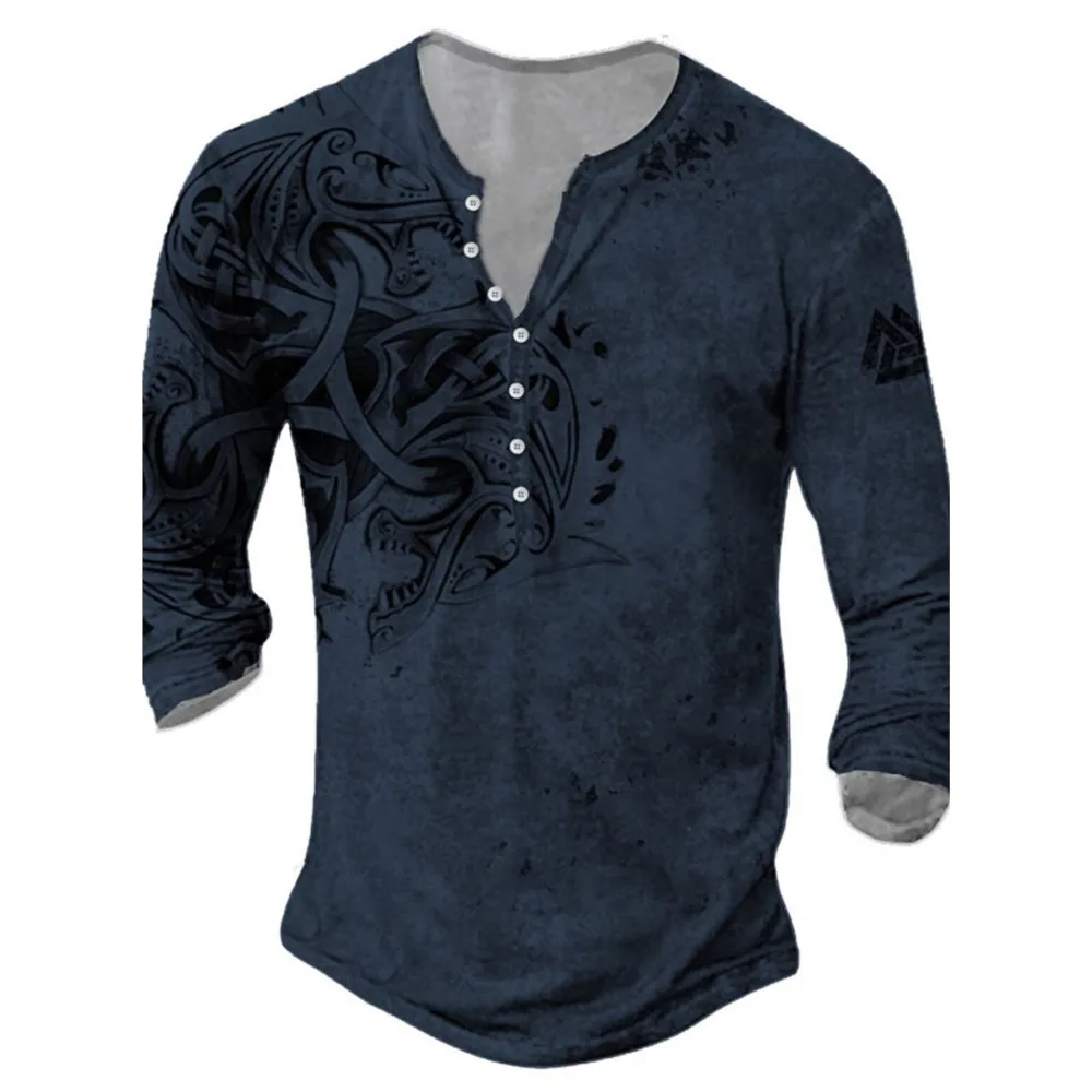 Camisa Henry para hombre Gráfico Viking Henry Ropa 3D Impreso al aire libre Casual Manga larga Estampado de botones Diseñador de moda Fashionretro