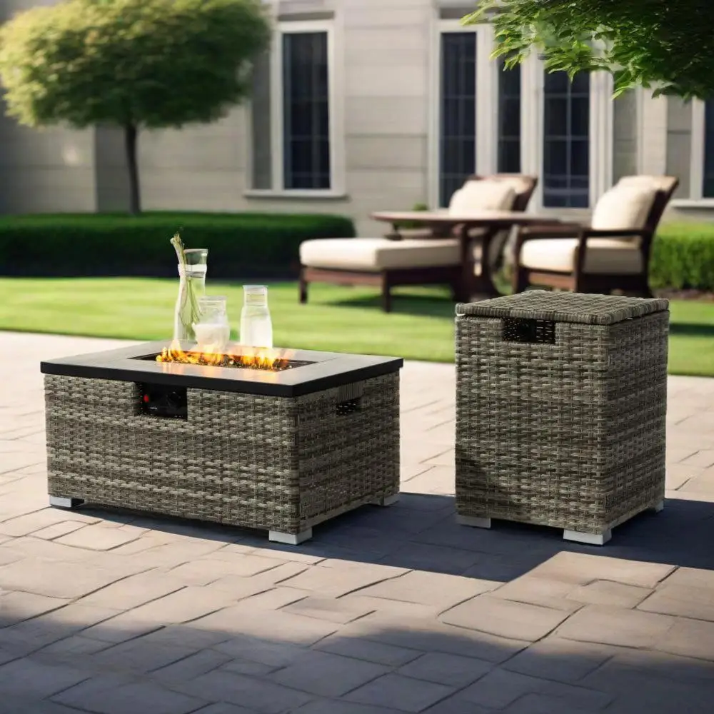 

32 inch Propane Gas Fire Pit Table with Tank Cover 50000 BTU Rectangular Steel Wicker Base for Outside Garden with Lava Rocks