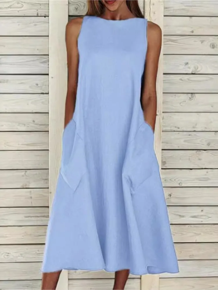 

Summer Vintage Loose Long Dress Women Casual O NeckSleeveless Solid Color Pockets Maxi Dress 2025 Fashion Vestidos Female