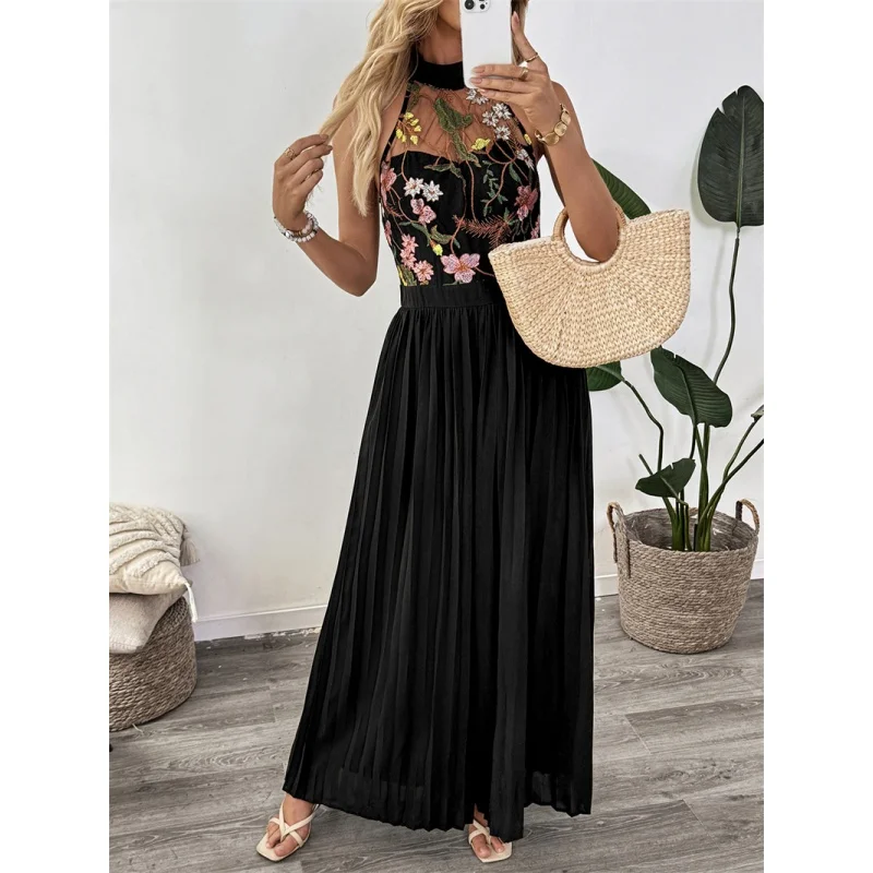 

Summer Women's Lace Embroidered Jumpsuit High Waist Wide Leg Pants See tough Street Sle Long Sve Cotton Blend Thin