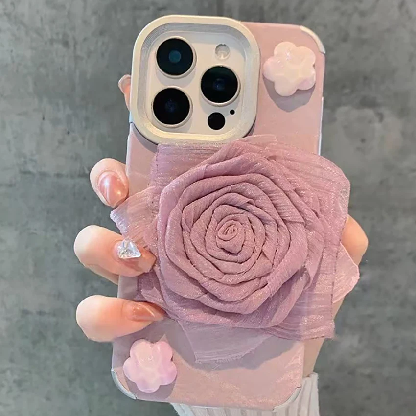 패브릭 로즈 폰 케이스 아이폰 16 15 14 13 프로 12 11 맥스 16프로맥스 스테레오 장식 폰 케이스 우아한 15프로 커버 하드 쉘