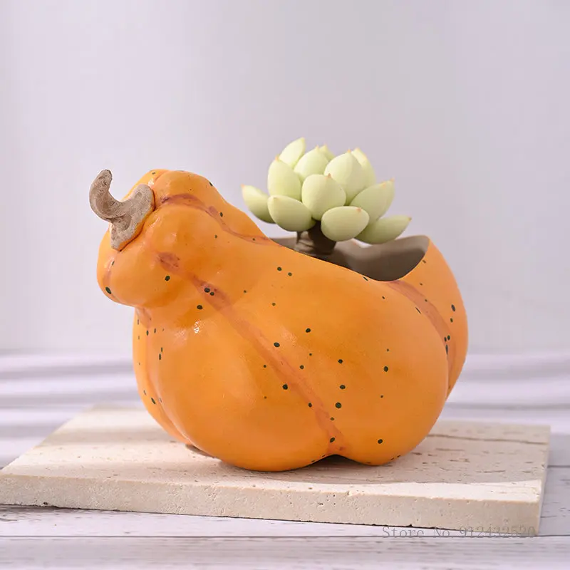 Ceramic Pumpkin Shape Flower Pot, Cartoon, Lovely, Simple, Light, Home Creative Decoration, Bottom Hole, Avocado Shape, 1Pc