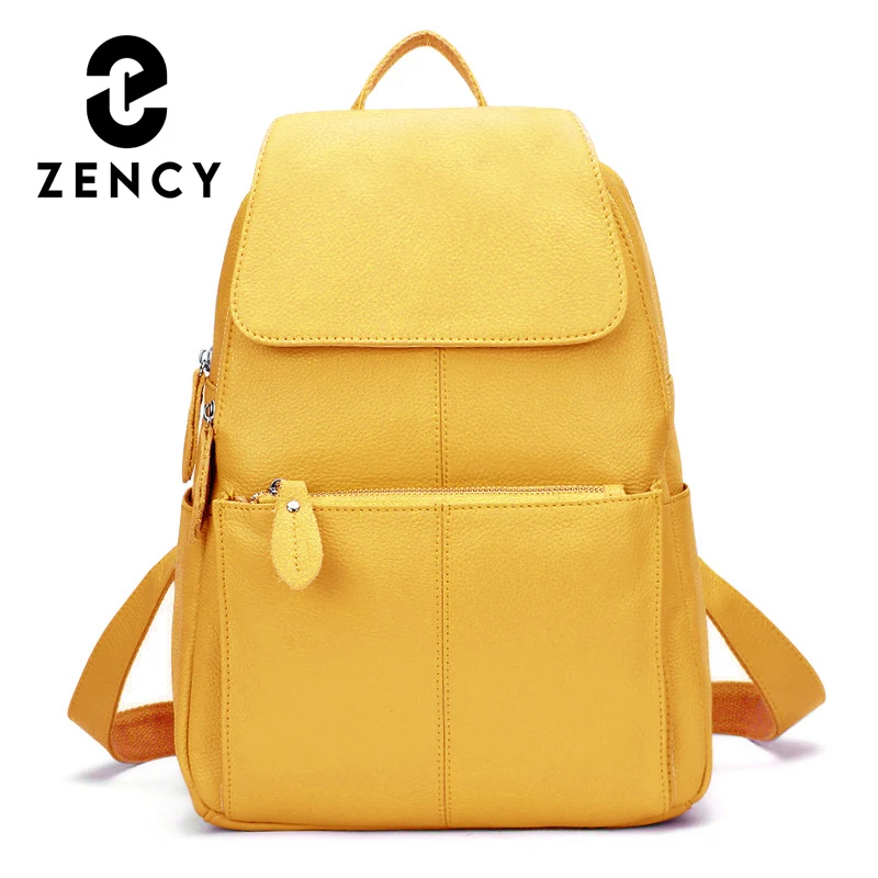 Zency Yellow Genuine Leather Women Backpack High Quality Large Capacity Travel Bag Knapsack Schoolbag Shoulder For Ladies