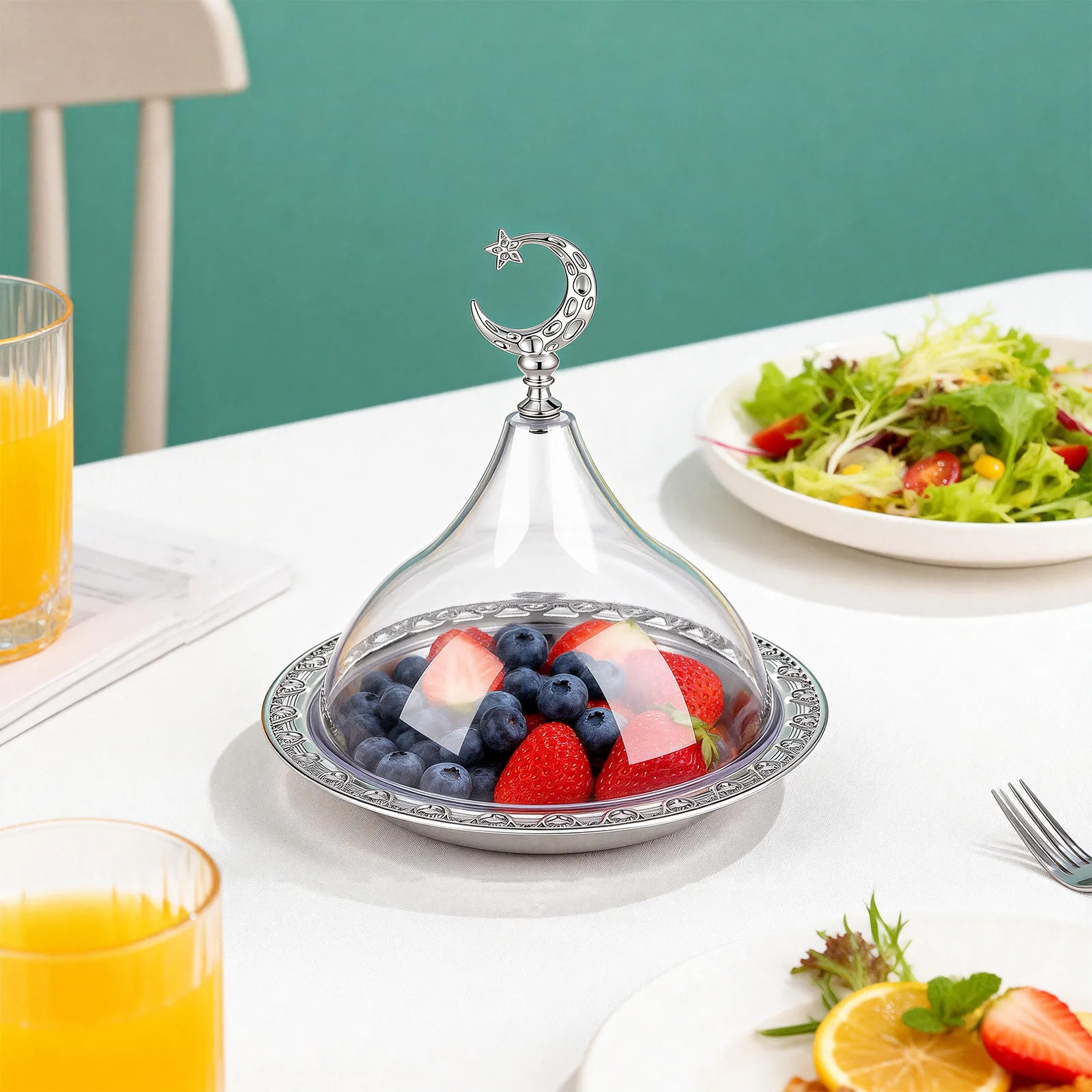 

1Pcs Electroplating Iron Art Food Storage Plate Acrylic Cover Compact Dessert Cake Snack Fruit Tray Portable Serving Storage