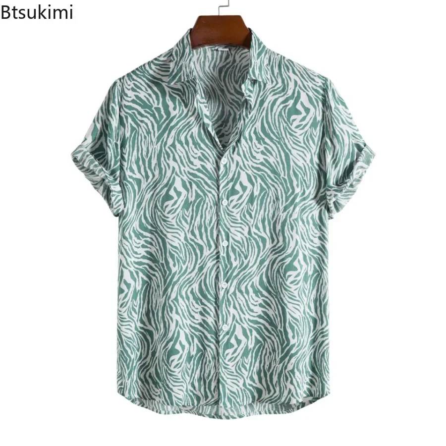 2024 New Hawaiian Beach Wear Men's Zebra-stripe Short Sleeve Shirts Fashion Laple Button Up Casual Blouse Summer Streetwear Male