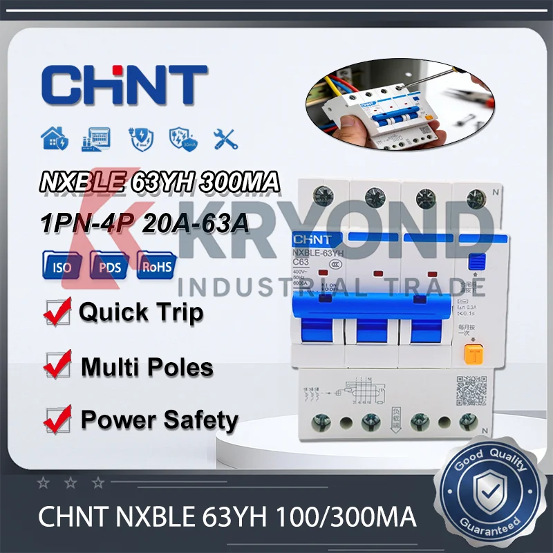 CHNT NXBLE-63YH Leakage Circuit Breaker RCD 1PN-4P 20A-63A 100mA 300mA for Home Industrial Electrical Protection Power Safety