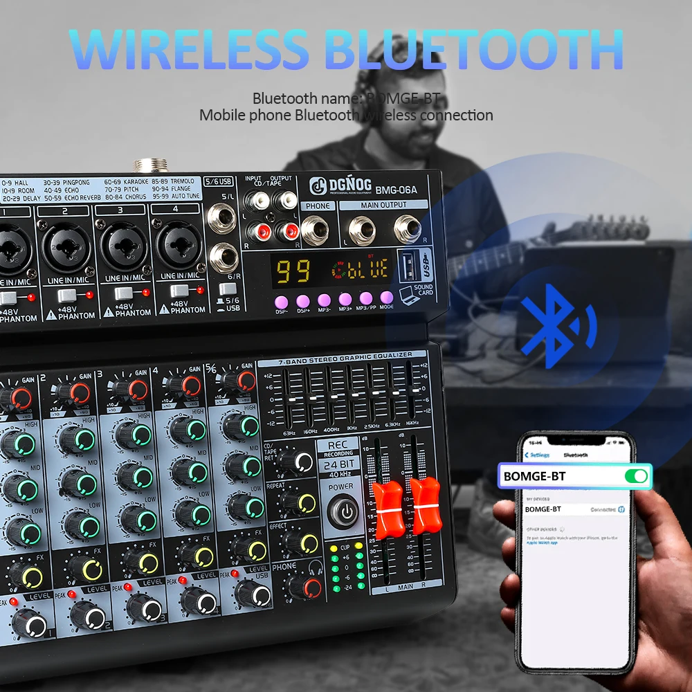 DGNOG Mezclador de audio profesional de 6 canales EQ de 7 bandas con 99 efectos DSP Consola Bluetooth USB de alimentación fantasma de 48 V para estudio de escenario