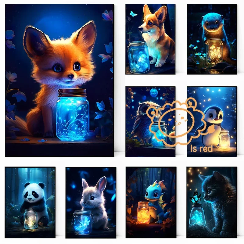 Cute Animals Poster fox Luminous Owl Luminous Otter Luminous Glow Canvas printing Home Room Wall decoration frameless painting